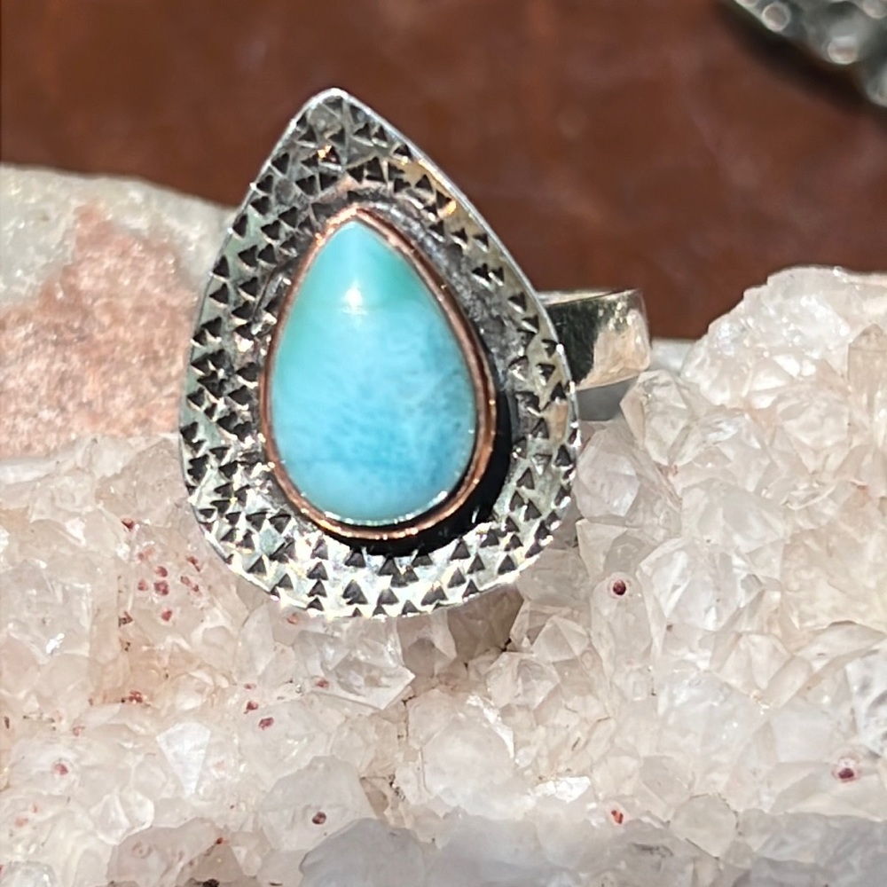 TWO TONE LARIMAR 925 STERLING SILVER RING, SIZE 7.75